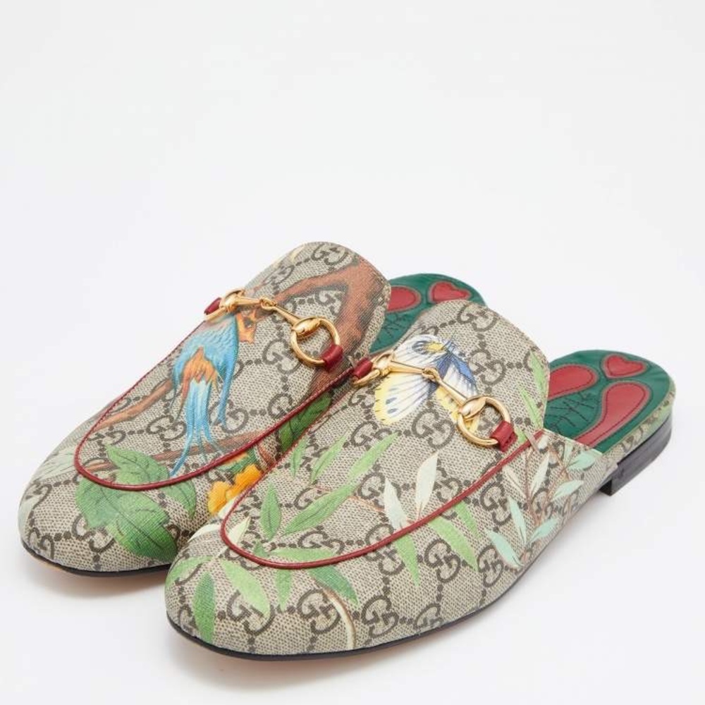 Gucci womens Grey Canvas Bird Printed Princetown mules